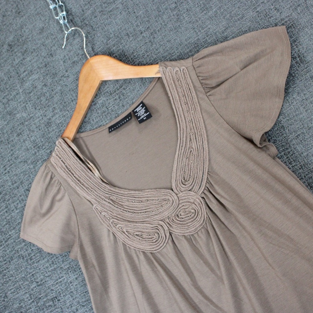 Apostrophe Women's Taupe Embellished Scoop Neck Asymmetrical Hem Top
